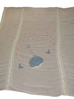 Vintage Bonnet Girl Southern Belle Butterfly Sheer Embroidered Coverlet 96 x 88